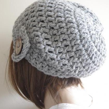 Womens Hat - Chunky Knit Slouchy Gray Beanie..