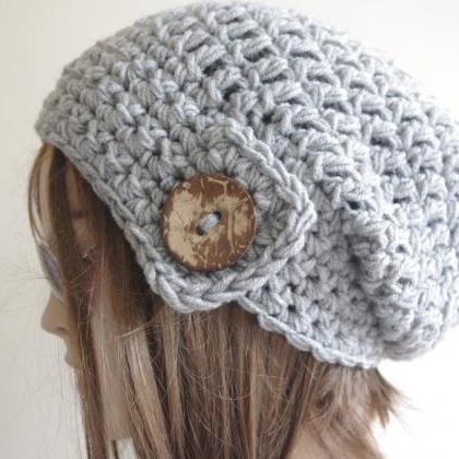 Womens Hat - Chunky Knit Slouchy Dark Gray Beanie..