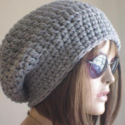 Womens Hat - Chunky Knit Slouchy Gray Beanie..