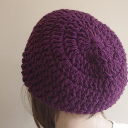 Womens Hat - Chunky Knit Slouchy Purple Beanie..