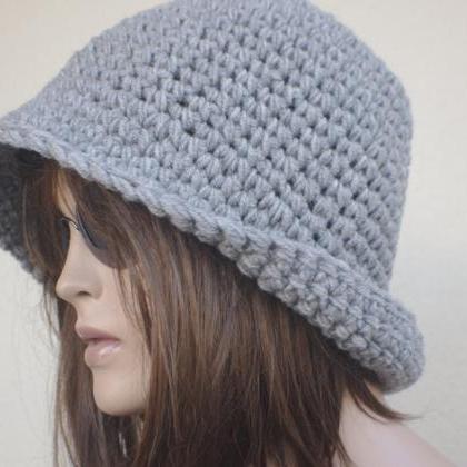 Womens Fedora Hat - Chunky Knit Slouchy Gray..