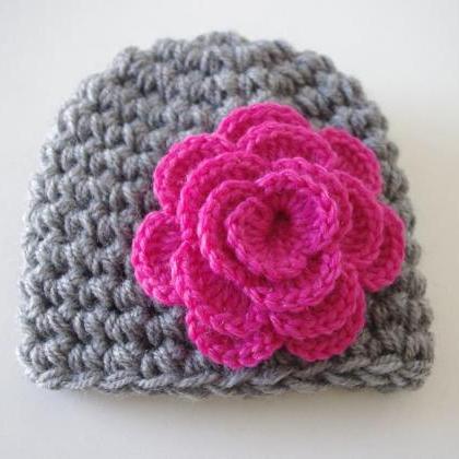 Crochet Baby Hat - Girl Gray With Pink Flower Hat..