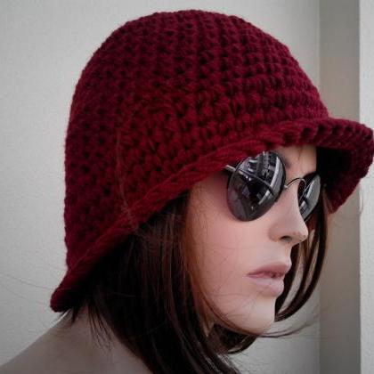 Womens Fedora Hat - Chunky Knit Slouchy Burgundy..