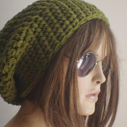 Womens Hat - Chunky Knit Slouchy Green Beanie..