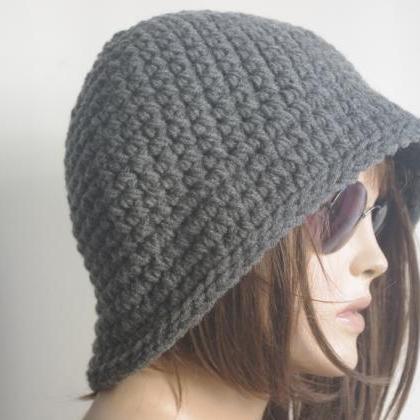 Womens Fedora Hat - Chunky Knit Slouchy Dark Gray..