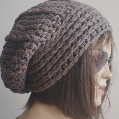 Womens Hat - Chunky Knit Slouchy Brown..