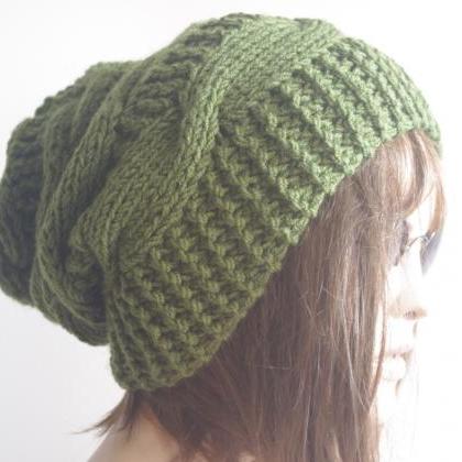 Womens Fedora Hat - Chunky Knit Slouchy Green..