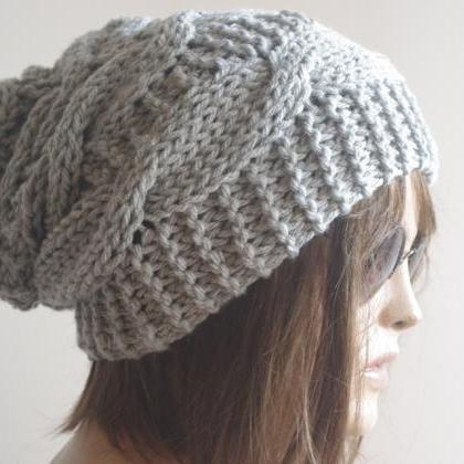 Womens Fedora Hat - Chunky Knit Slouchy Gray..