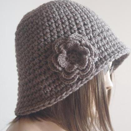 Womens Fedora Hat - Chunky Knit Slouchy Brown..