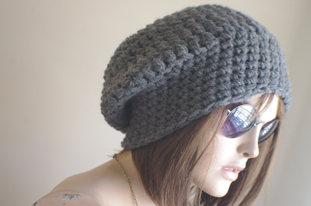 Womens Hat - Chunky Knit Slouchy Dark Gray Beanie Slouch Hat Fall Winter Accessories Beanie Autumn Christmas Fashion