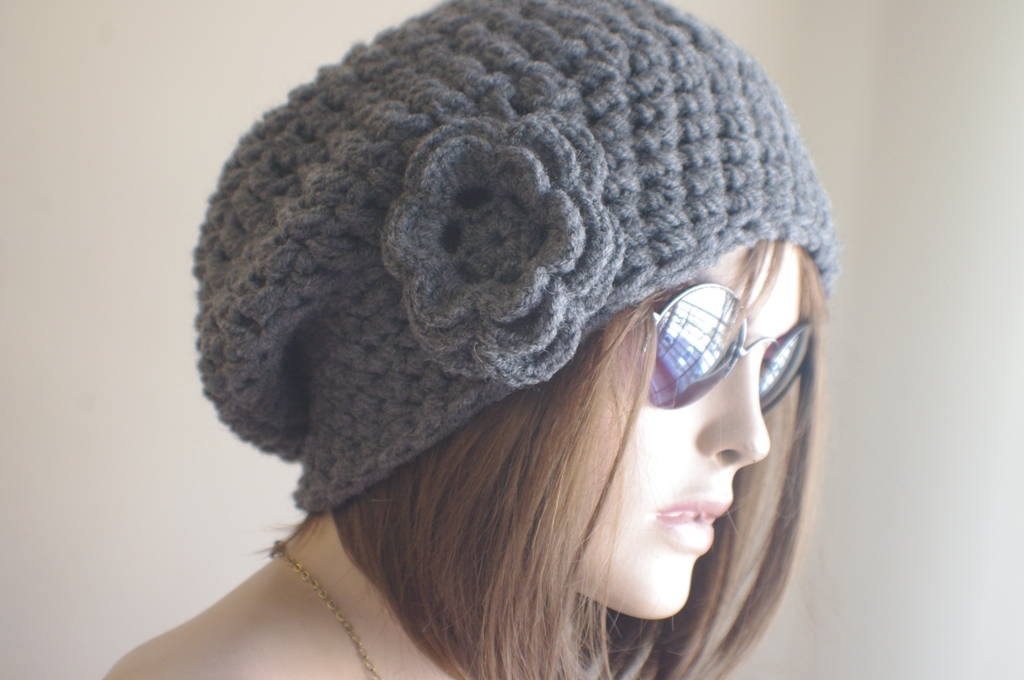 Womens Hat - Chunky Knit Slouchy Dark Gray Beanie Slouch Hat Fall Winter Accessories Beanie Autumn Christmas Fashion
