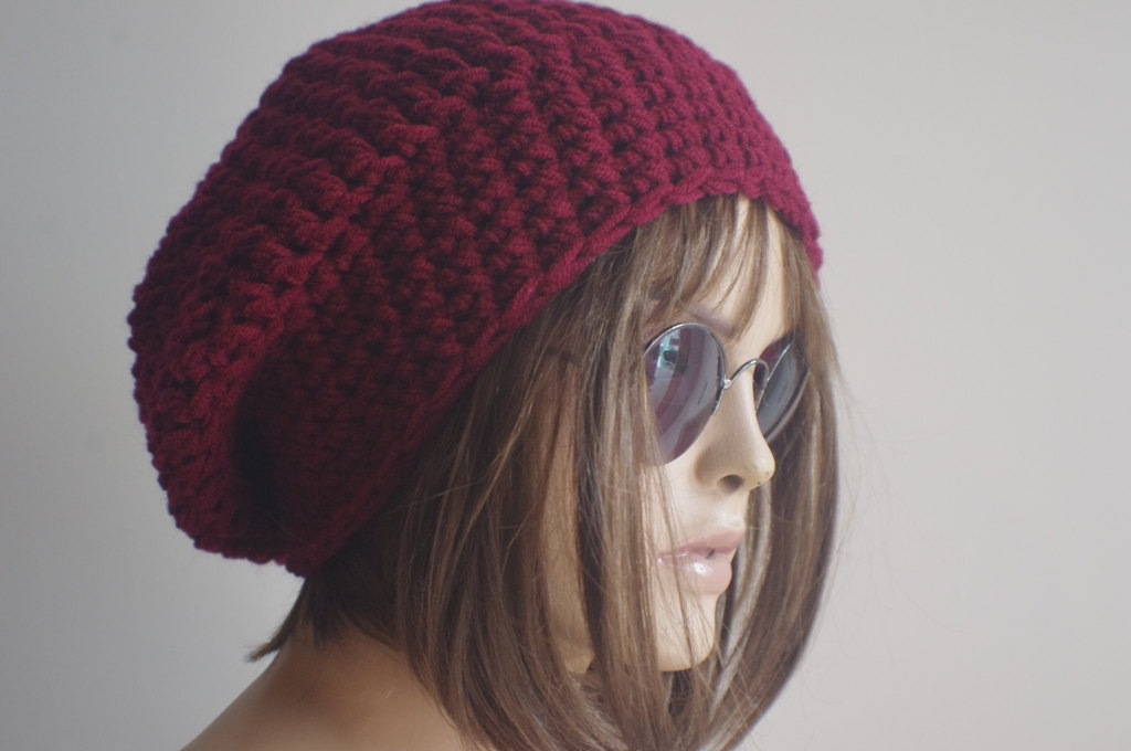 Womens Hat - Chunky Knit Slouchy Burgundy Beanie Slouch Hat Fall Winter Accessories Beanie Autumn Christmas Fashion