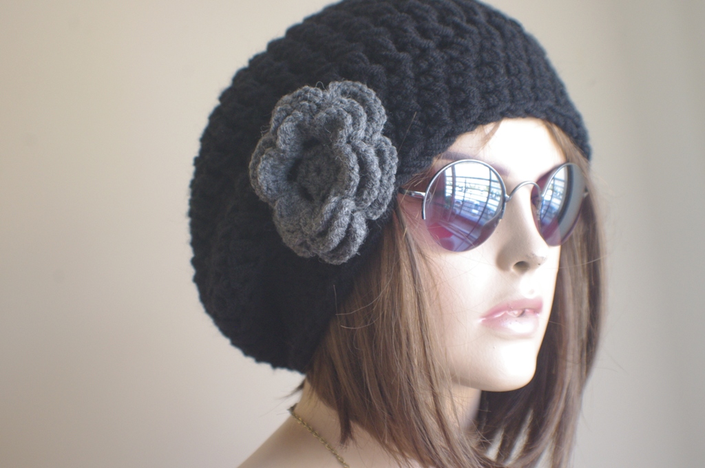 Womens Hat - Chunky Knit Slouchy Black Gray Beanie Slouch Hat Fall Winter Accessories Beanie Autumn Christmas Fashion