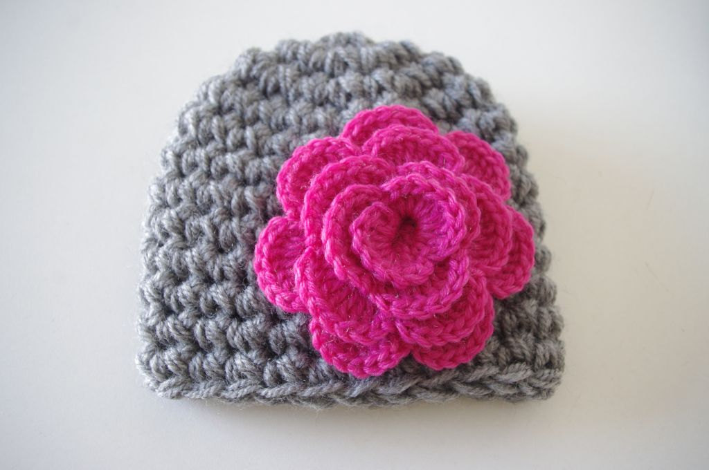 Crochet Baby Hat - Girl Gray With Pink Flower Hat - Ready To Ship ...